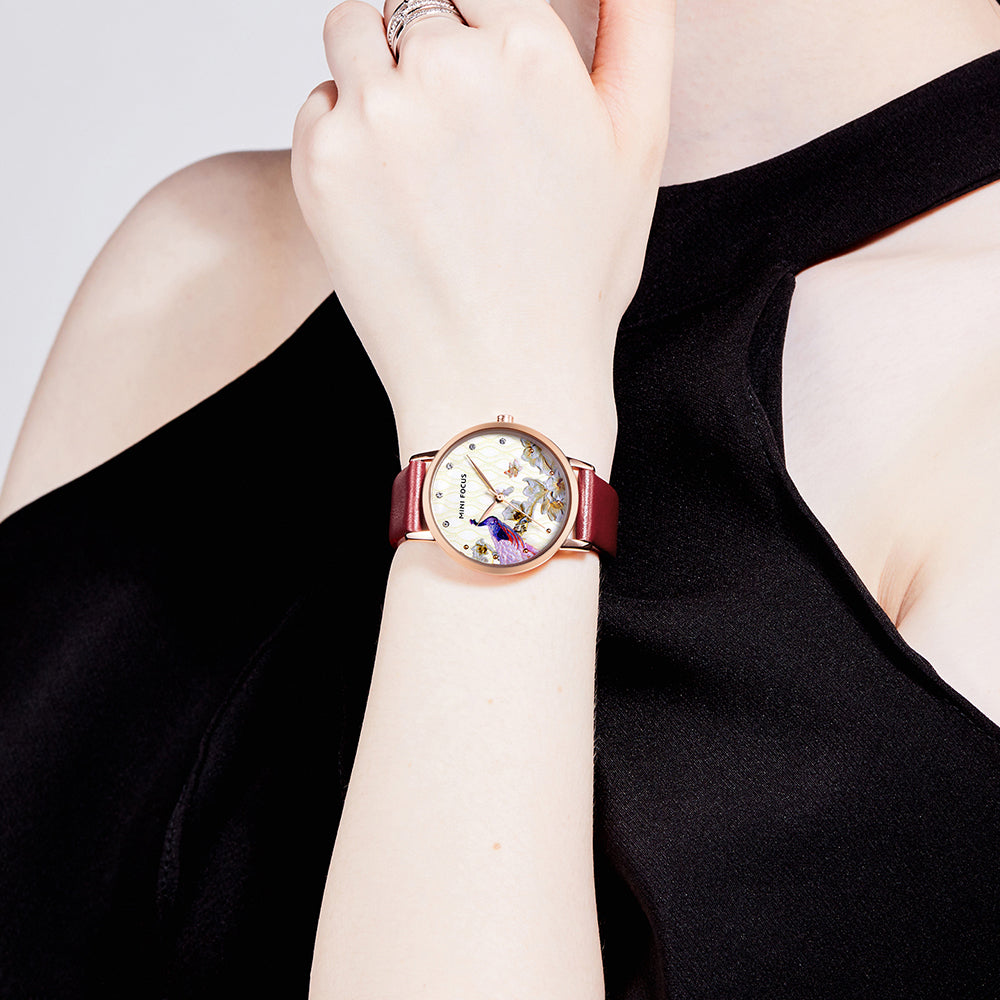 Crimson Red Peacock Print Dial Leather Watch for Women