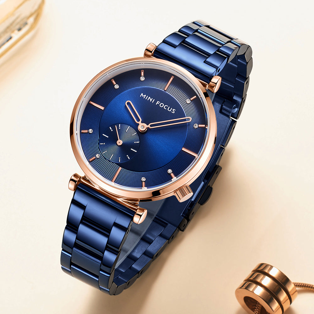 Mini Focus MF0333L.04 Blue Sunray Dial with Rose Gold Accents with Small Seconds Display