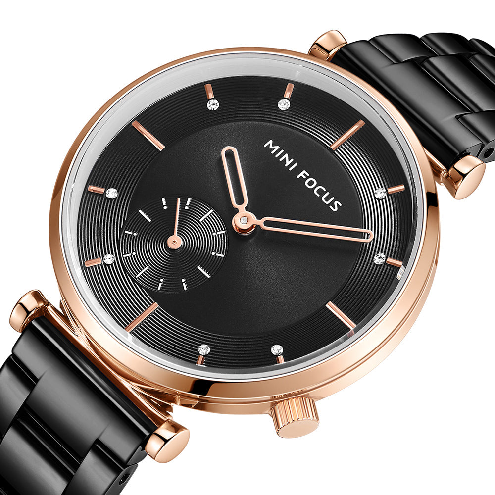 Mini Focus MF0333L.05 Black Sunray Dial with Rose Gold Accents with Small Seconds Display