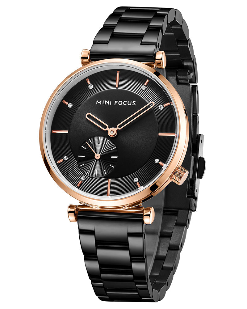 Mini Focus MF0333L.05 Black Sunray Dial with Rose Gold Accents with Small Seconds Display