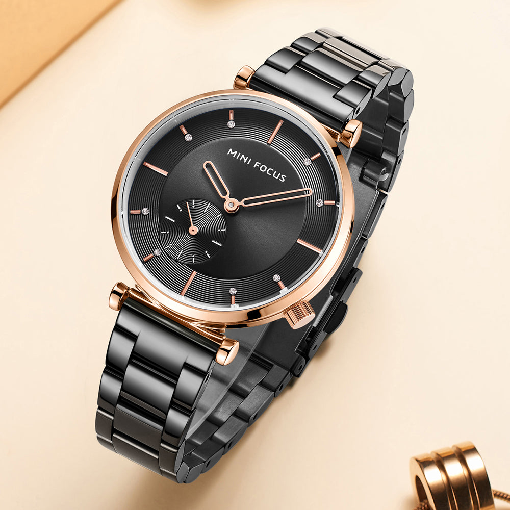 Mini Focus MF0333L.05 Black Sunray Dial with Rose Gold Accents with Small Seconds Display