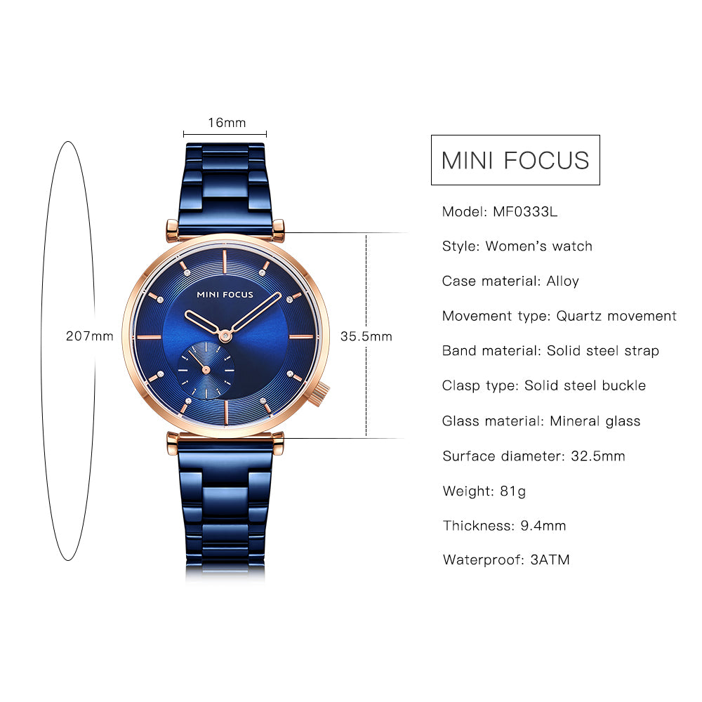 Mini Focus MF0333L.04 Blue Sunray Dial with Rose Gold Accents with Small Seconds Display