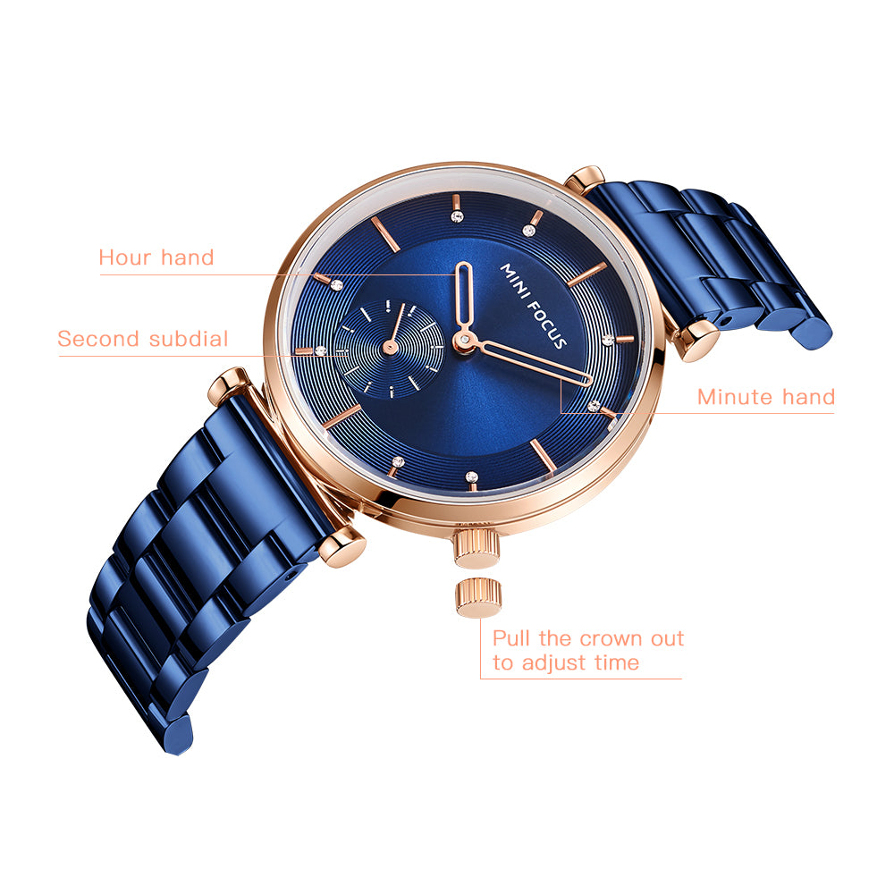 Mini Focus MF0333L.04 Blue Sunray Dial with Rose Gold Accents with Small Seconds Display