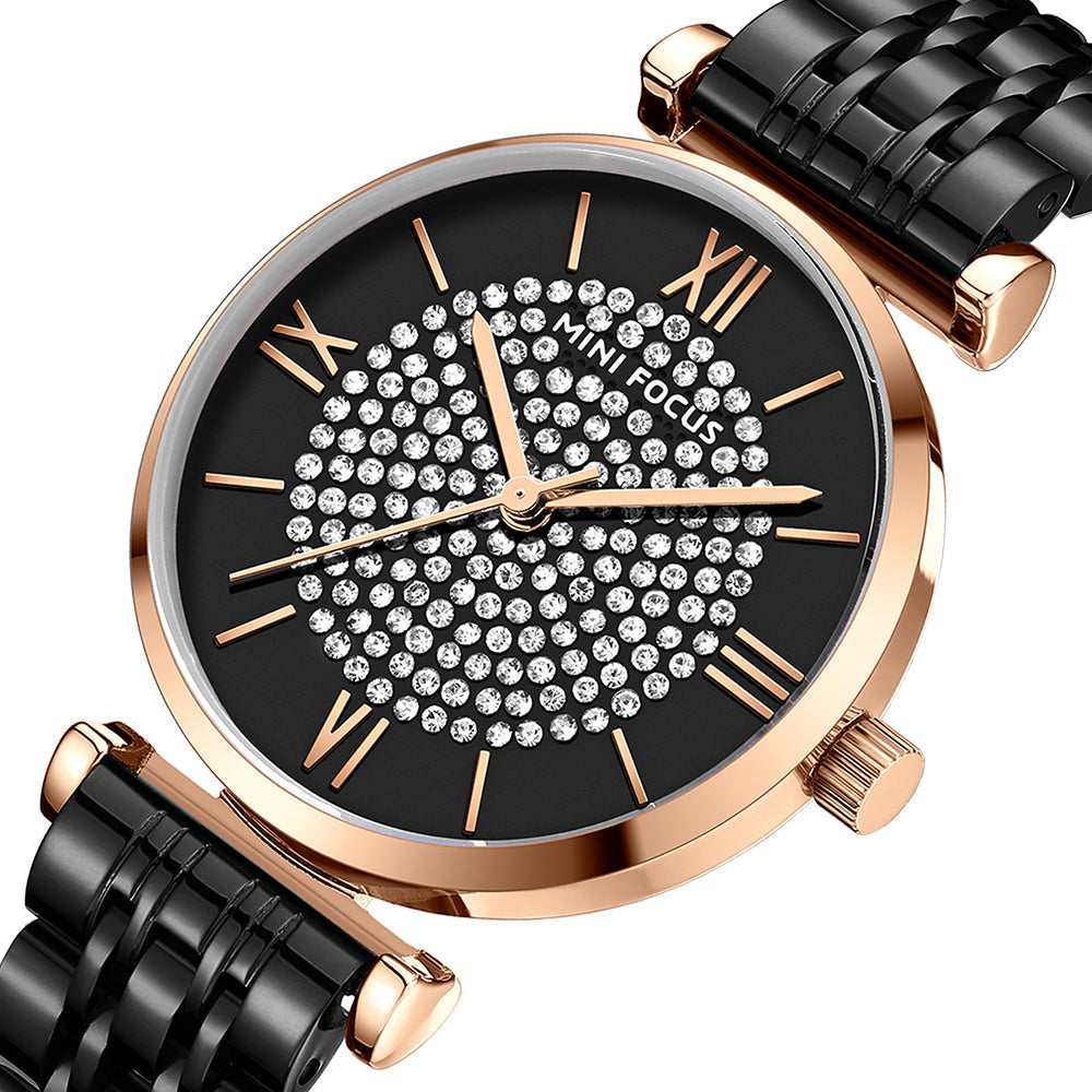 Mini Focus MF0334L.05 Diamond-Studded Black Dial with Rose Gold Accents