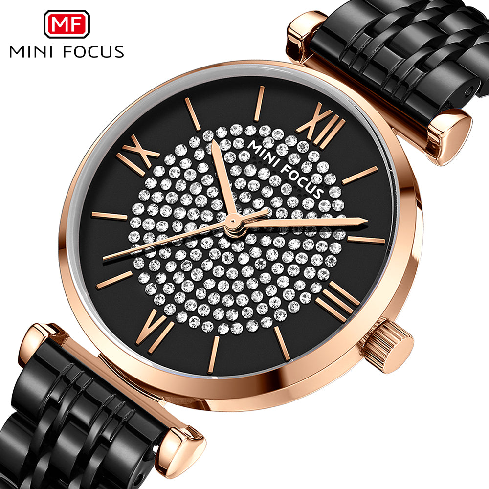 Mini Focus MF0334L.05 Diamond-Studded Black Dial with Rose Gold Accents