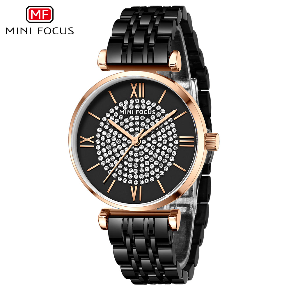 Mini Focus MF0334L.05 Diamond-Studded Black Dial with Rose Gold Accents