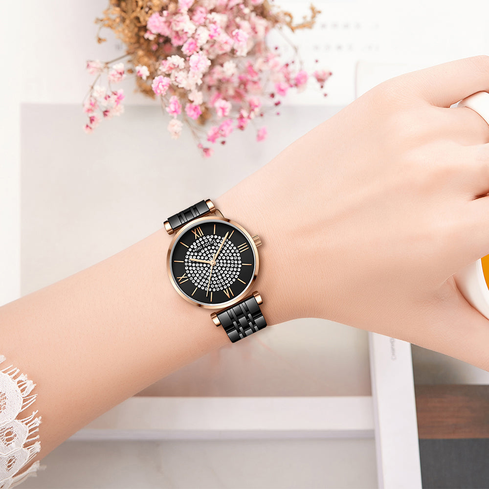 Mini Focus MF0334L.05 Diamond-Studded Black Dial with Rose Gold Accents