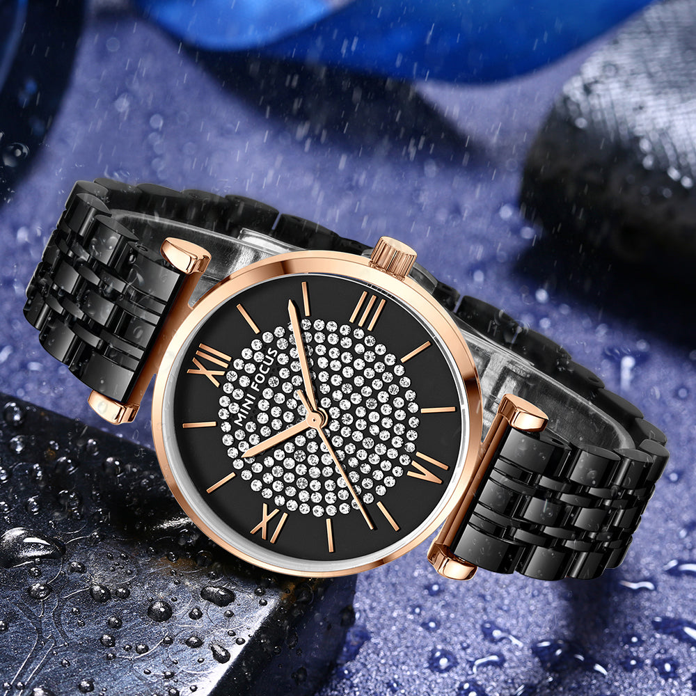 Mini Focus MF0334L.05 Diamond-Studded Black Dial with Rose Gold Accents