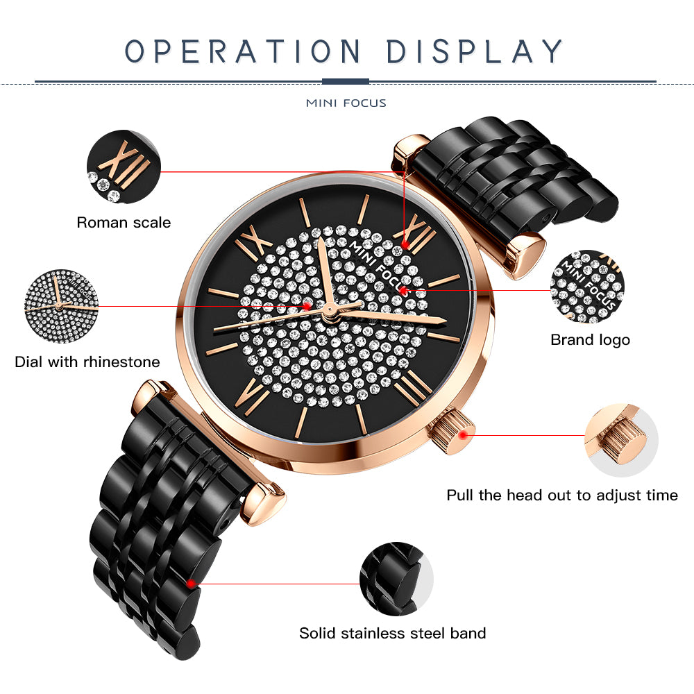 Mini Focus MF0334L.05 Diamond-Studded Black Dial with Rose Gold Accents