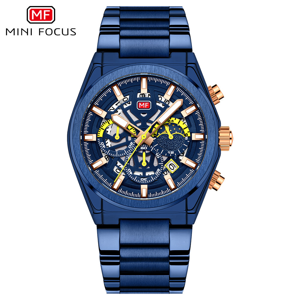 Mini Focus MF0339G.04 Sovereign Navy Chronograph with Regal Rose Gold Bracelet – Quartz Excellence 3ATM
