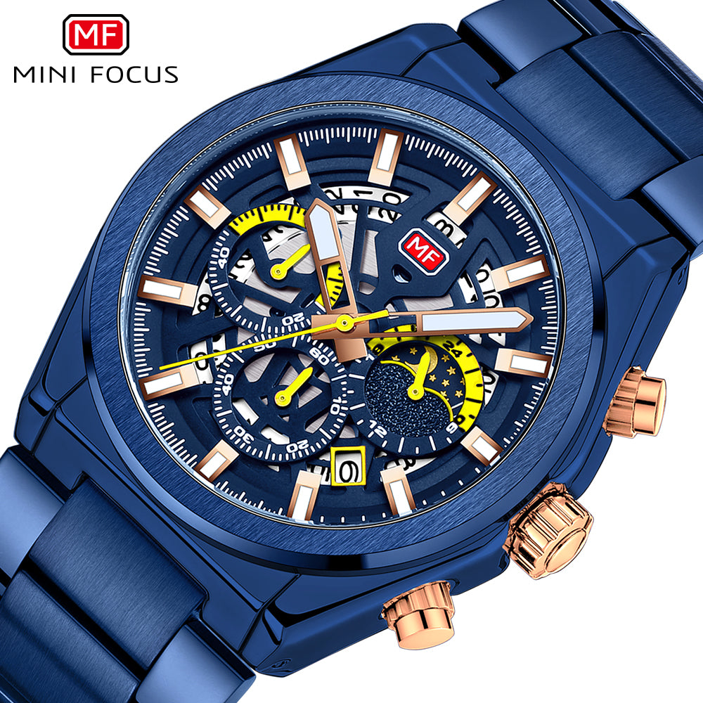 Mini Focus MF0339G.04 Sovereign Navy Chronograph with Regal Rose Gold Bracelet – Quartz Excellence 3ATM