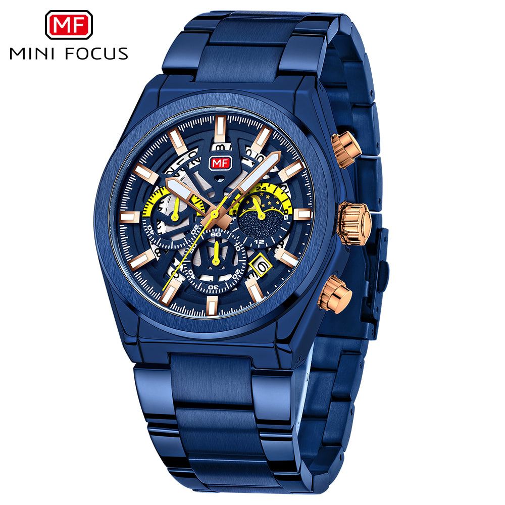 Mini Focus MF0339G.04 Sovereign Navy Chronograph with Regal Rose Gold Bracelet – Quartz Excellence 3ATM