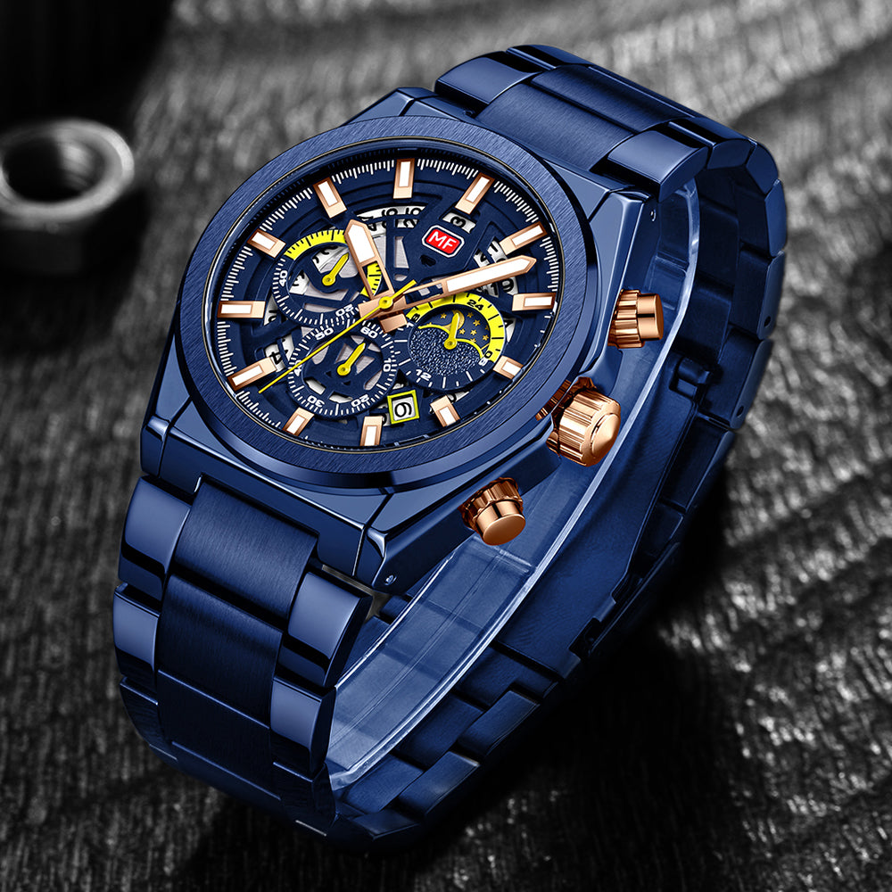 Mini Focus MF0339G.04 Sovereign Navy Chronograph with Regal Rose Gold Bracelet – Quartz Excellence 3ATM