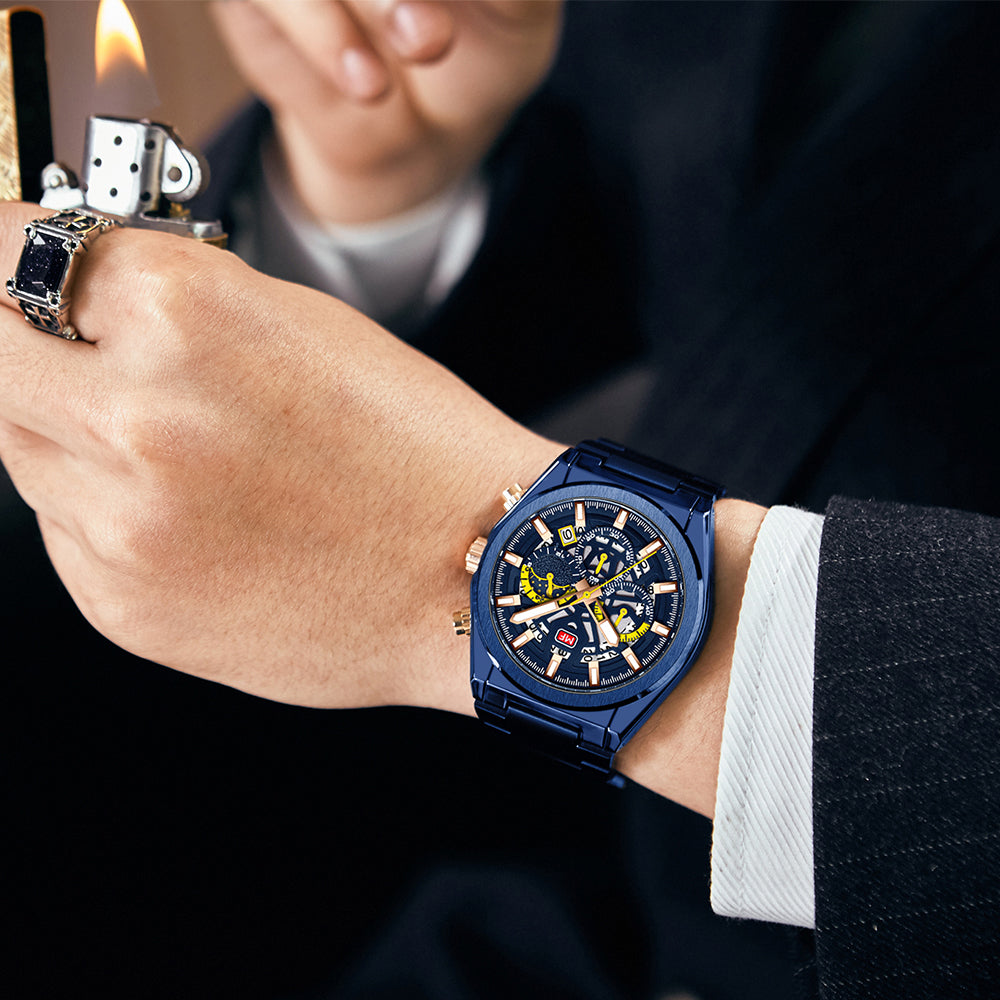 Mini Focus MF0339G.04 Sovereign Navy Chronograph with Regal Rose Gold Bracelet – Quartz Excellence 3ATM