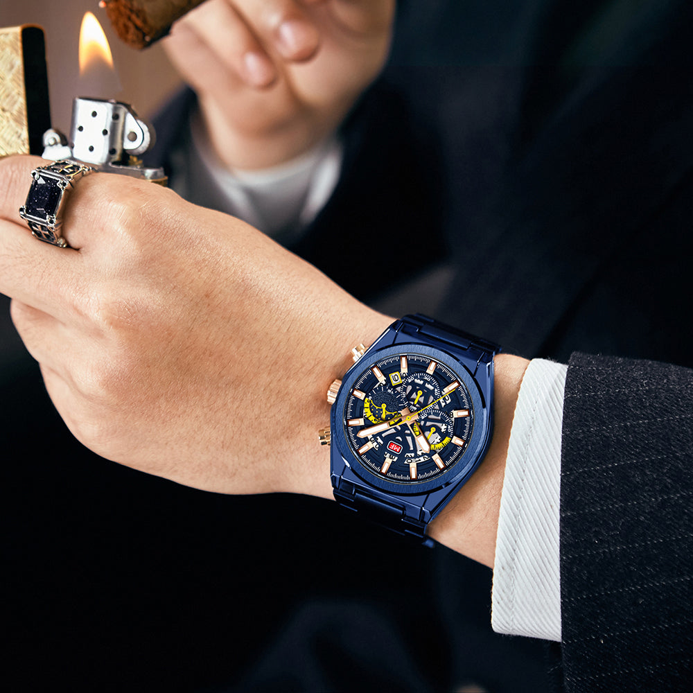 Mini Focus MF0339G.04 Sovereign Navy Chronograph with Regal Rose Gold Bracelet – Quartz Excellence 3ATM