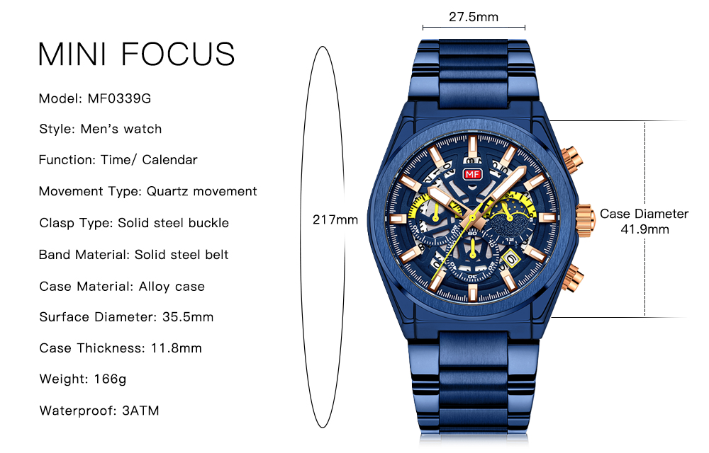 Mini Focus MF0339G.04 Sovereign Navy Chronograph with Regal Rose Gold Bracelet – Quartz Excellence 3ATM