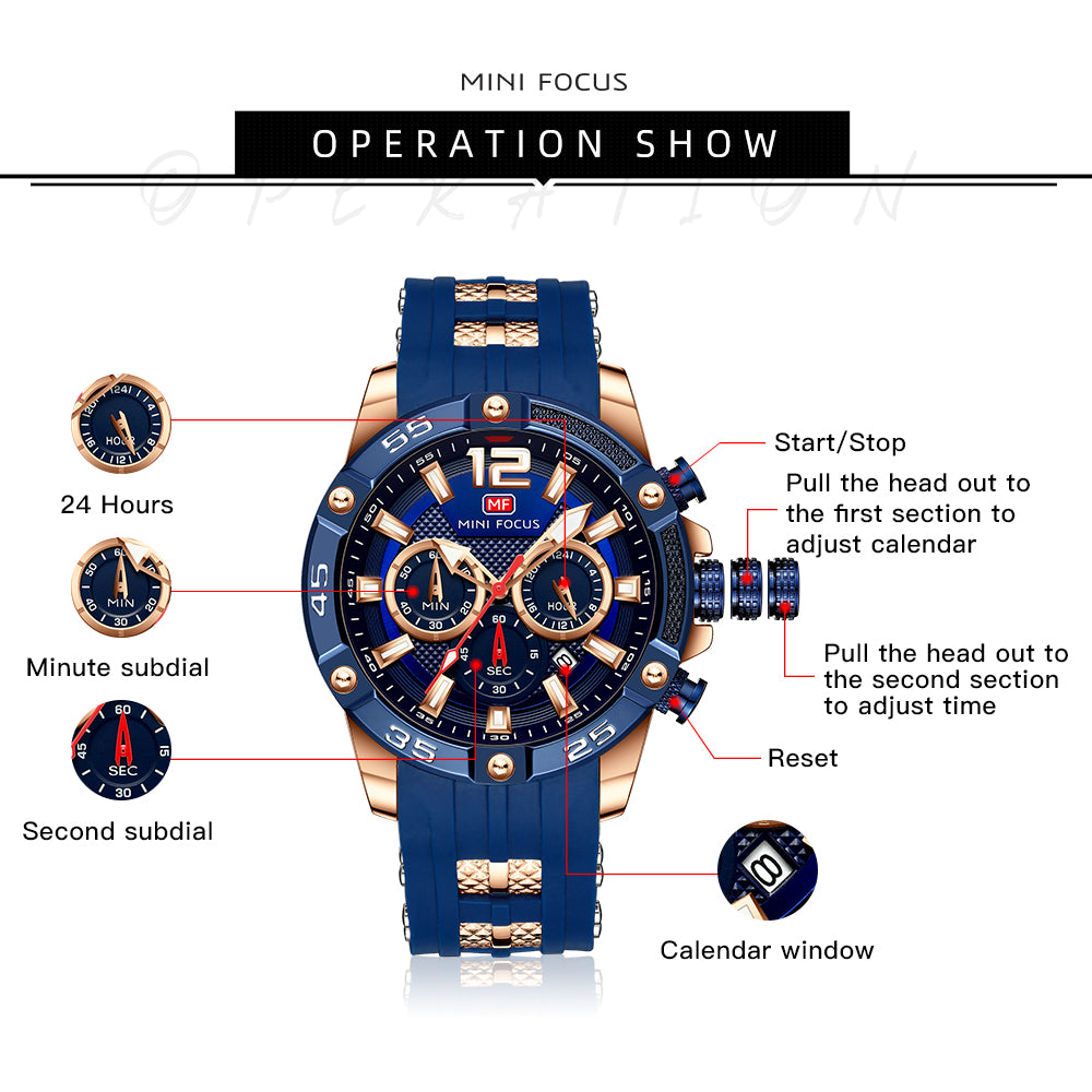 Mini Focus MF0349G.02 Maverick Blue Sports Watch with chronograph dial and Silicon belt