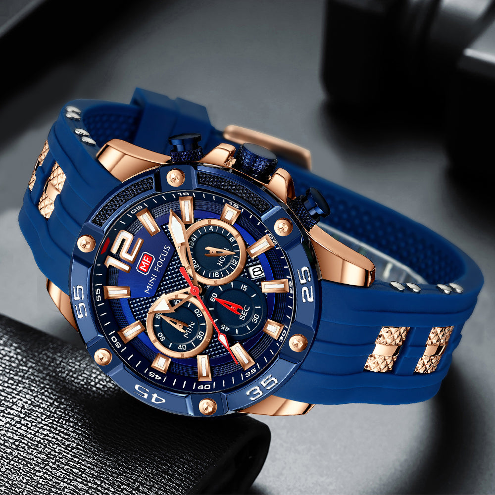 Mini Focus MF0349G.02 Maverick Blue Sports Watch with chronograph dial and Silicon belt
