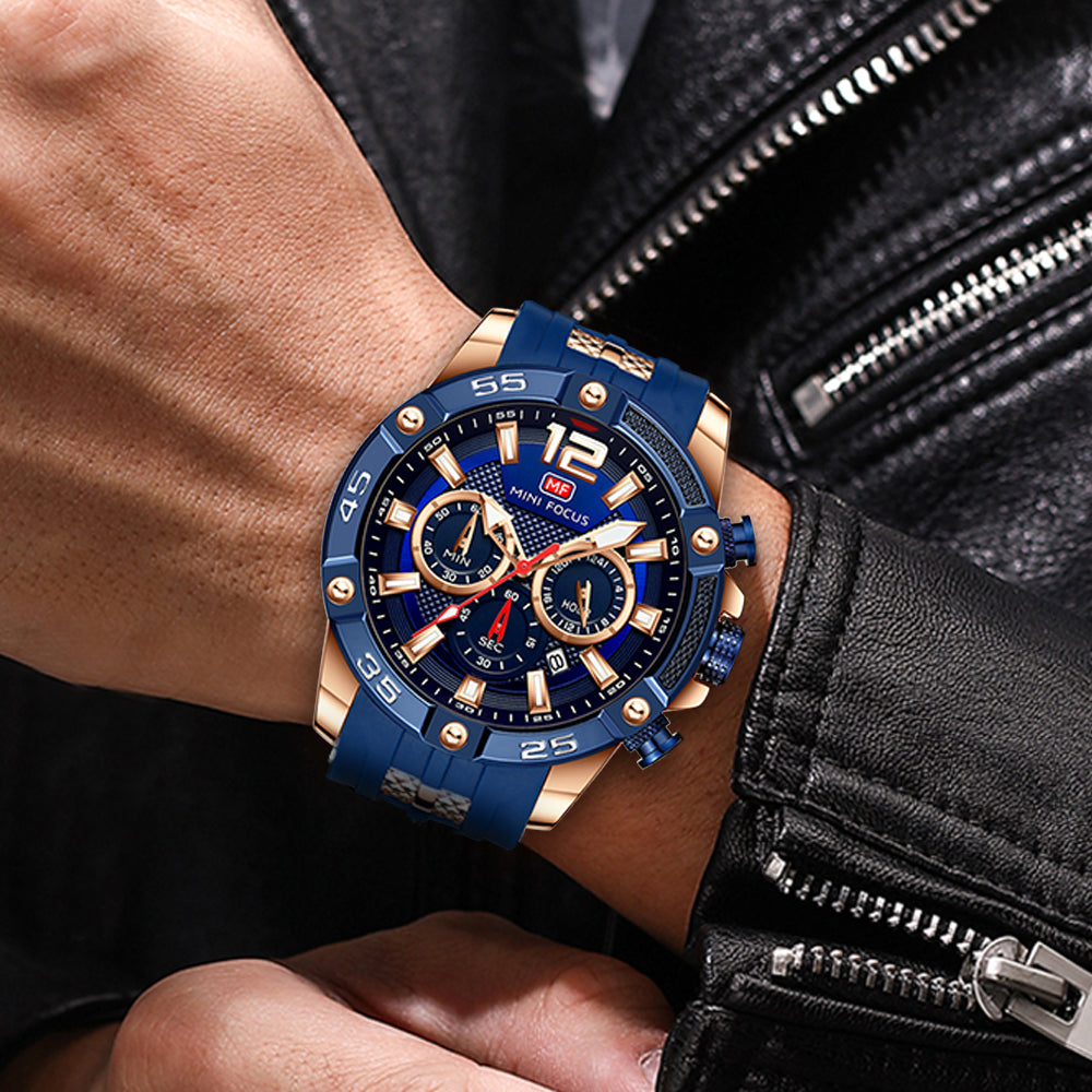 Mini Focus MF0349G.02 Maverick Blue Sports Watch with chronograph dial and Silicon belt