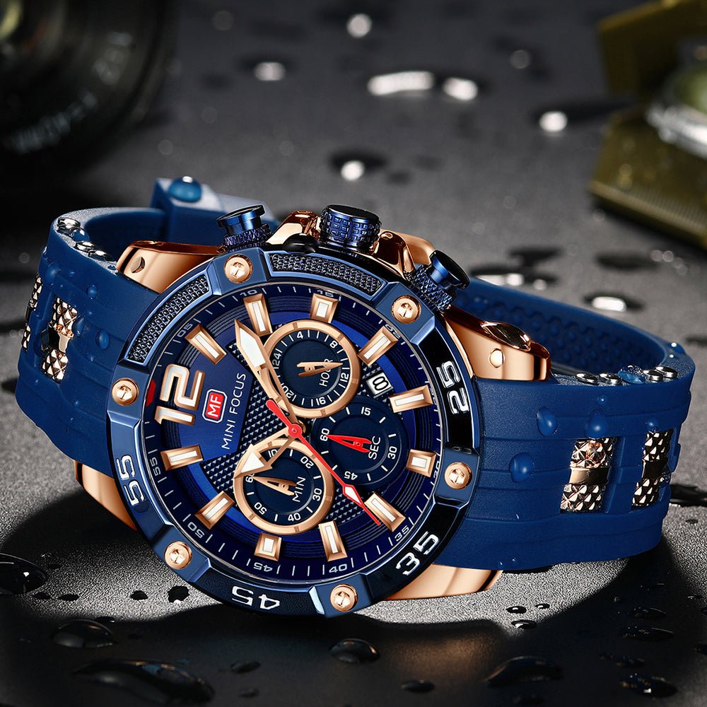 Mini Focus MF0349G.02 Maverick Blue Sports Watch with chronograph dial and Silicon belt