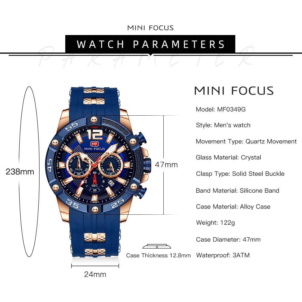 Mini Focus MF0349G.02 Maverick Blue Sports Watch with chronograph dial and Silicon belt