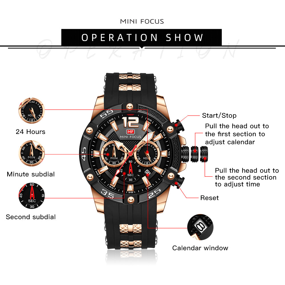 Mini Focus MF0349G.03 Maverick Black Sports Watch with chronograph dial and Silicon belt
