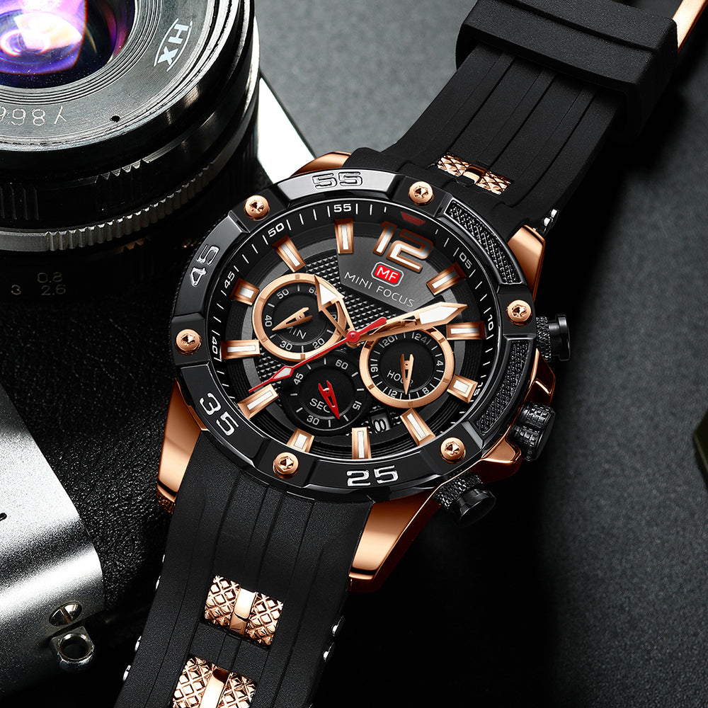 Mini Focus MF0349G.03 Maverick Black Sports Watch with chronograph dial and Silicon belt