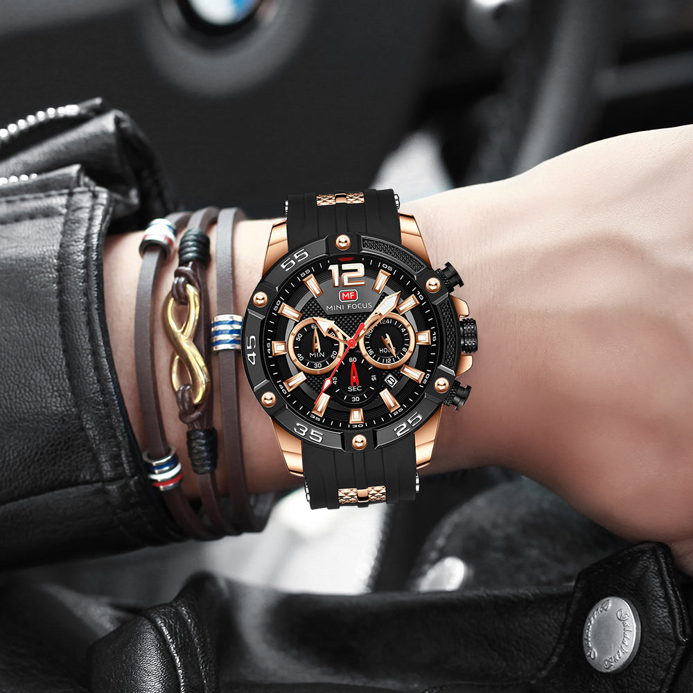 Mini Focus MF0349G.03 Maverick Black Sports Watch with chronograph dial and Silicon belt