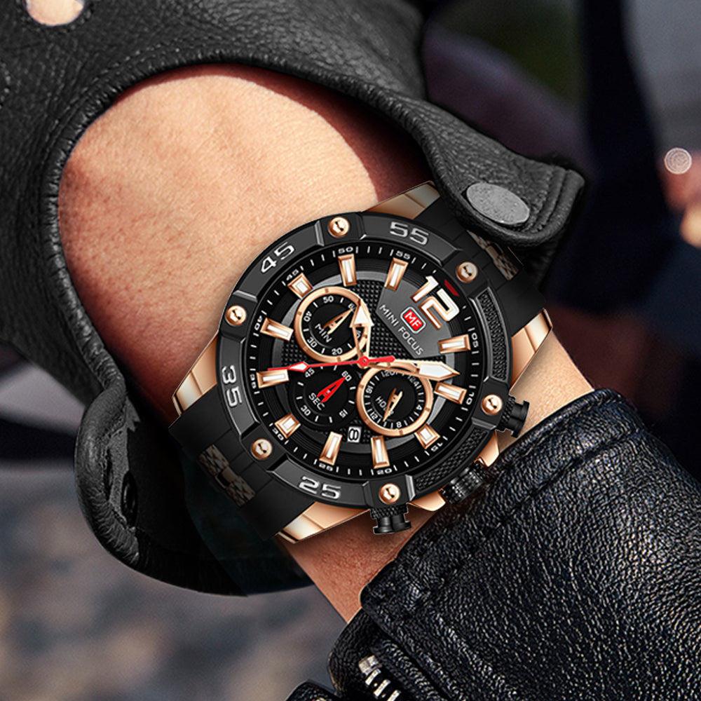 Mini Focus MF0349G.03 Maverick Black Sports Watch with chronograph dial and Silicon belt