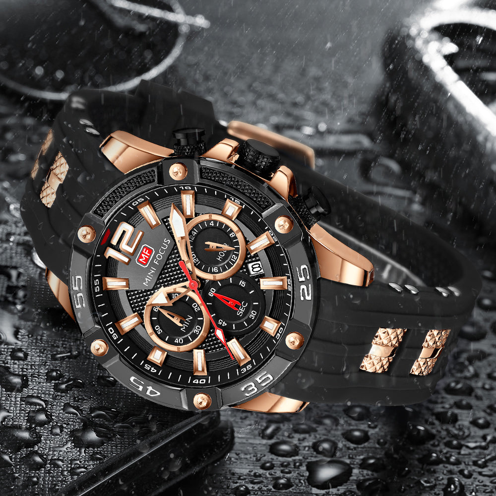 Mini Focus MF0349G.03 Maverick Black Sports Watch with chronograph dial and Silicon belt