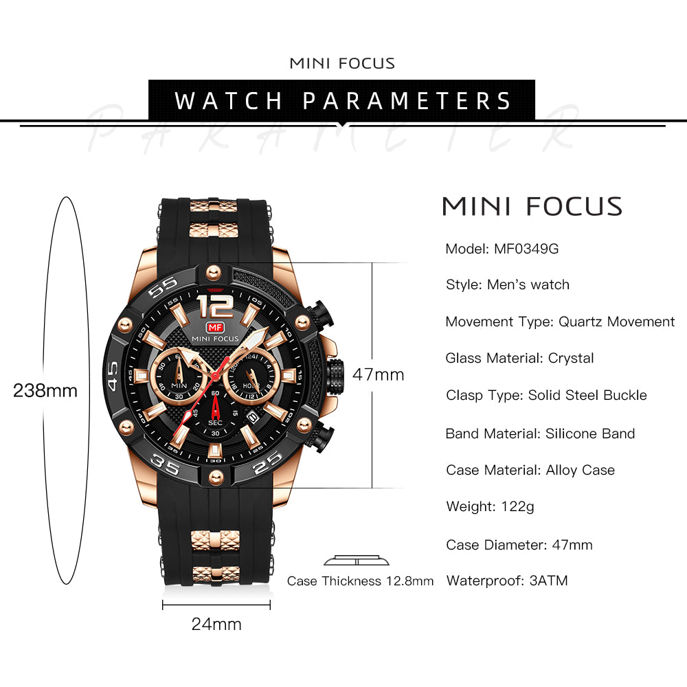 Mini Focus MF0349G.03 Maverick Black Sports Watch with chronograph dial and Silicon belt