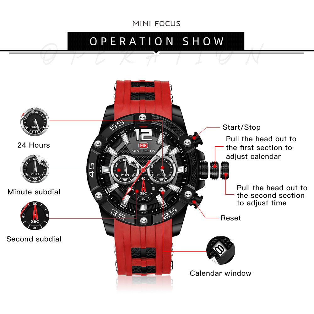 Mini Focus MF0349G.04 Maverick Red Sports Watch with chronograph dial and Silicon belt