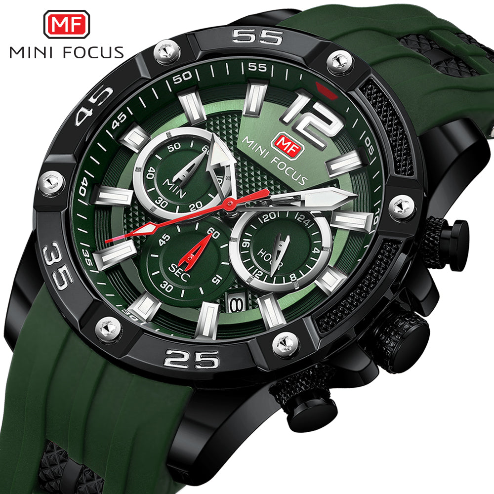 Mini Focus MF0349G.05 Maverick Green Sports Watch with chronograph dial and Silicon belt