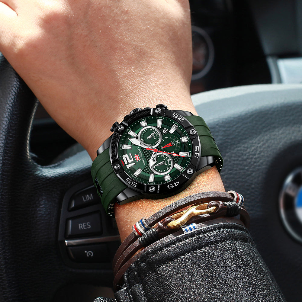 Mini Focus MF0349G.05 Maverick Green Sports Watch with chronograph dial and Silicon belt