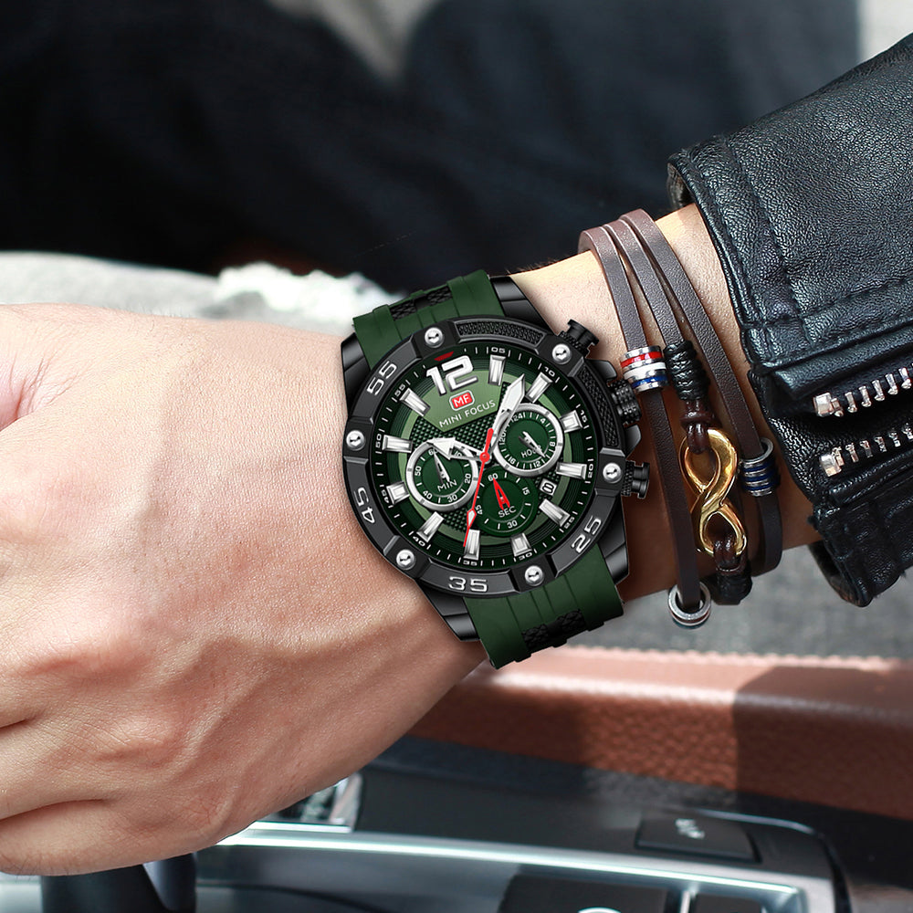 Mini Focus MF0349G.05 Maverick Green Sports Watch with chronograph dial and Silicon belt