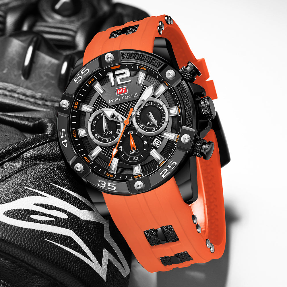 Mini Focus MF0349G.08 Maverick Orange Sports Watch with chronograph dial and Silicon belt