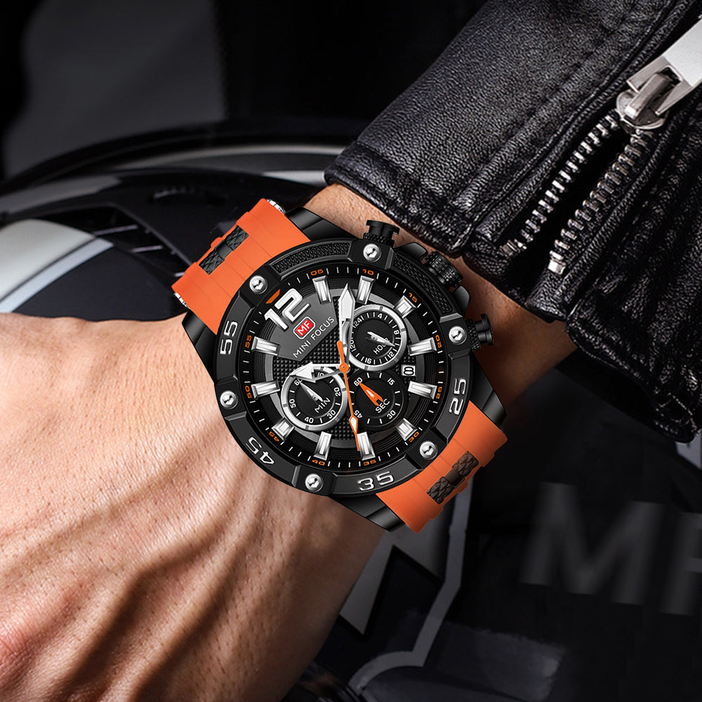 Mini Focus MF0349G.08 Maverick Orange Sports Watch with chronograph dial and Silicon belt