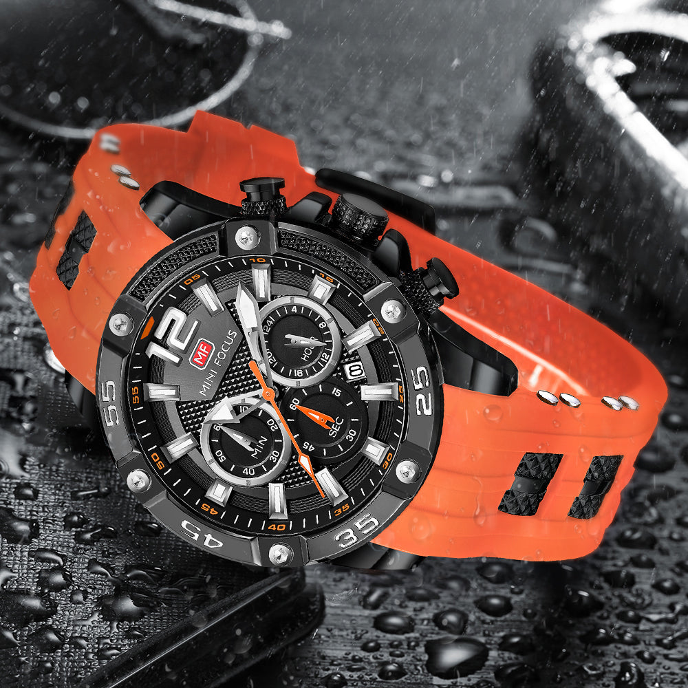 Mini Focus MF0349G.08 Maverick Orange Sports Watch with chronograph dial and Silicon belt