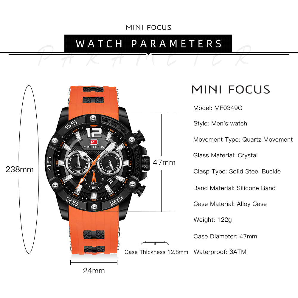 Mini Focus MF0349G.08 Maverick Orange Sports Watch with chronograph dial and Silicon belt