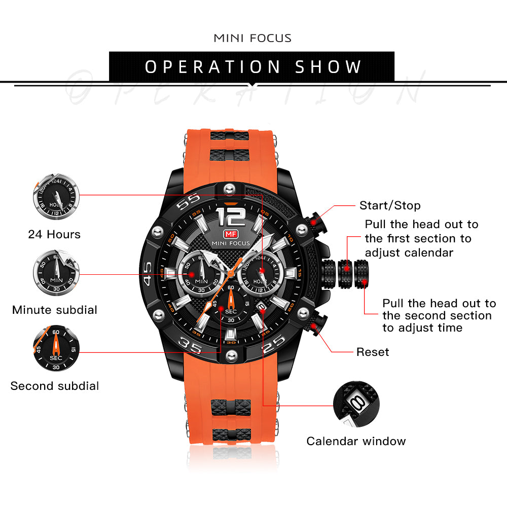 Mini Focus MF0349G.08 Maverick Orange Sports Watch with chronograph dial and Silicon belt