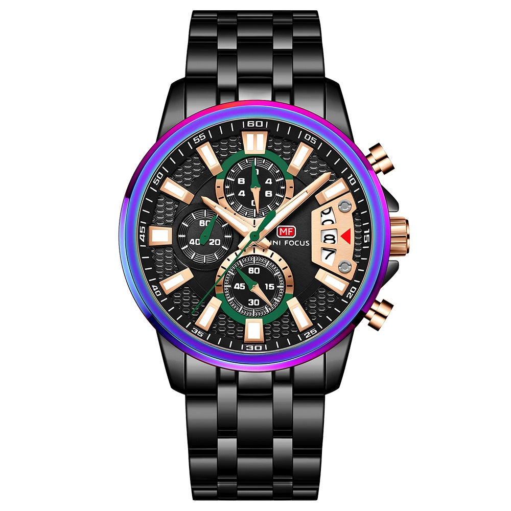Mini Focus MF0352G.05 Iridescent Bezel Black Chronograph Watch for Men