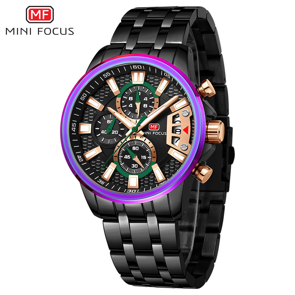 Mini Focus MF0352G.05 Iridescent Bezel Black Chronograph Watch for Men