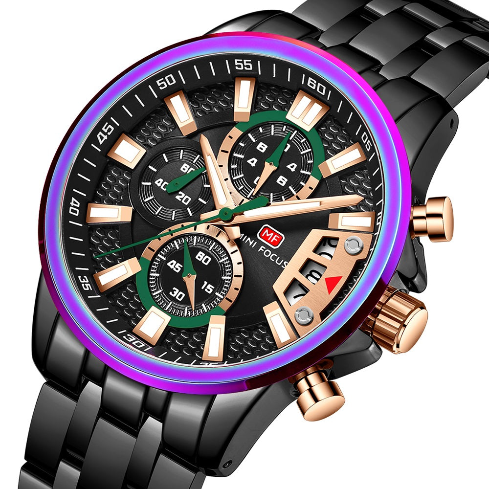 Mini Focus MF0352G.05 Iridescent Bezel Black Chronograph Watch for Men