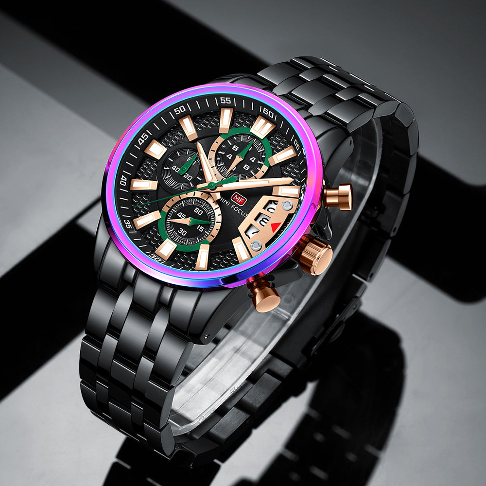 Mini Focus MF0352G.05 Iridescent Bezel Black Chronograph Watch for Men