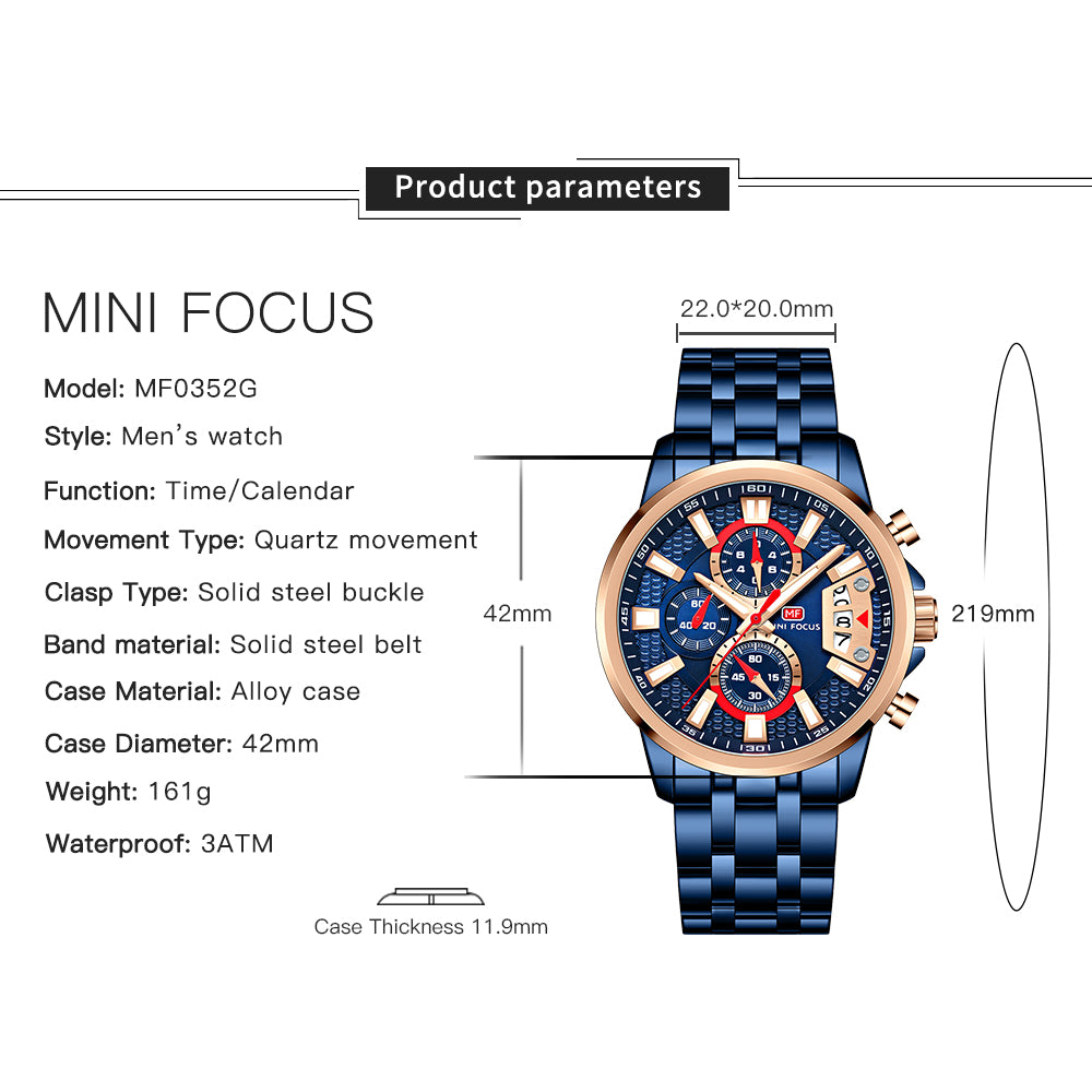 Mini Focus MF0352G.05 Iridescent Bezel Black Chronograph Watch for Men