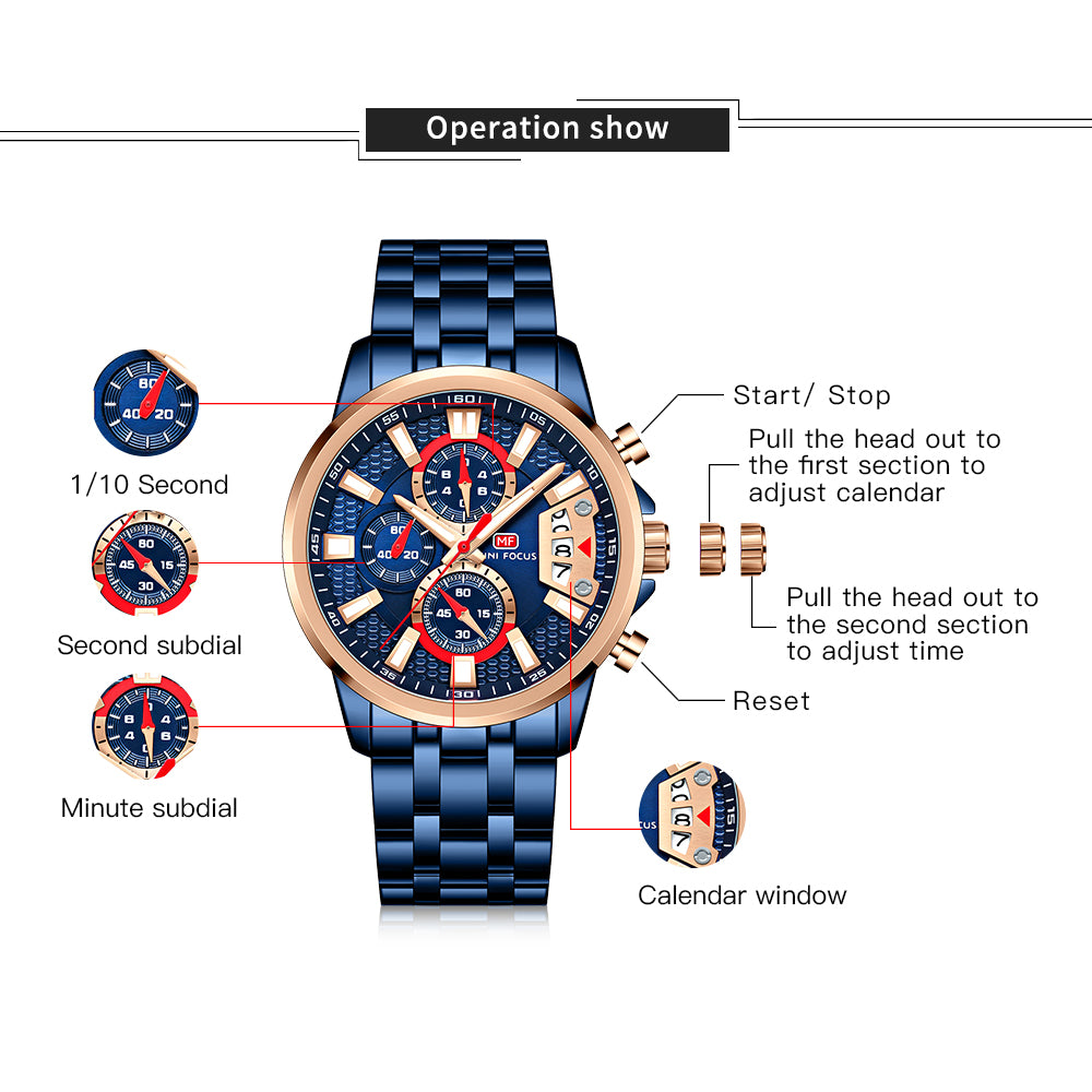 Mini Focus MF0352G.05 Iridescent Bezel Black Chronograph Watch for Men