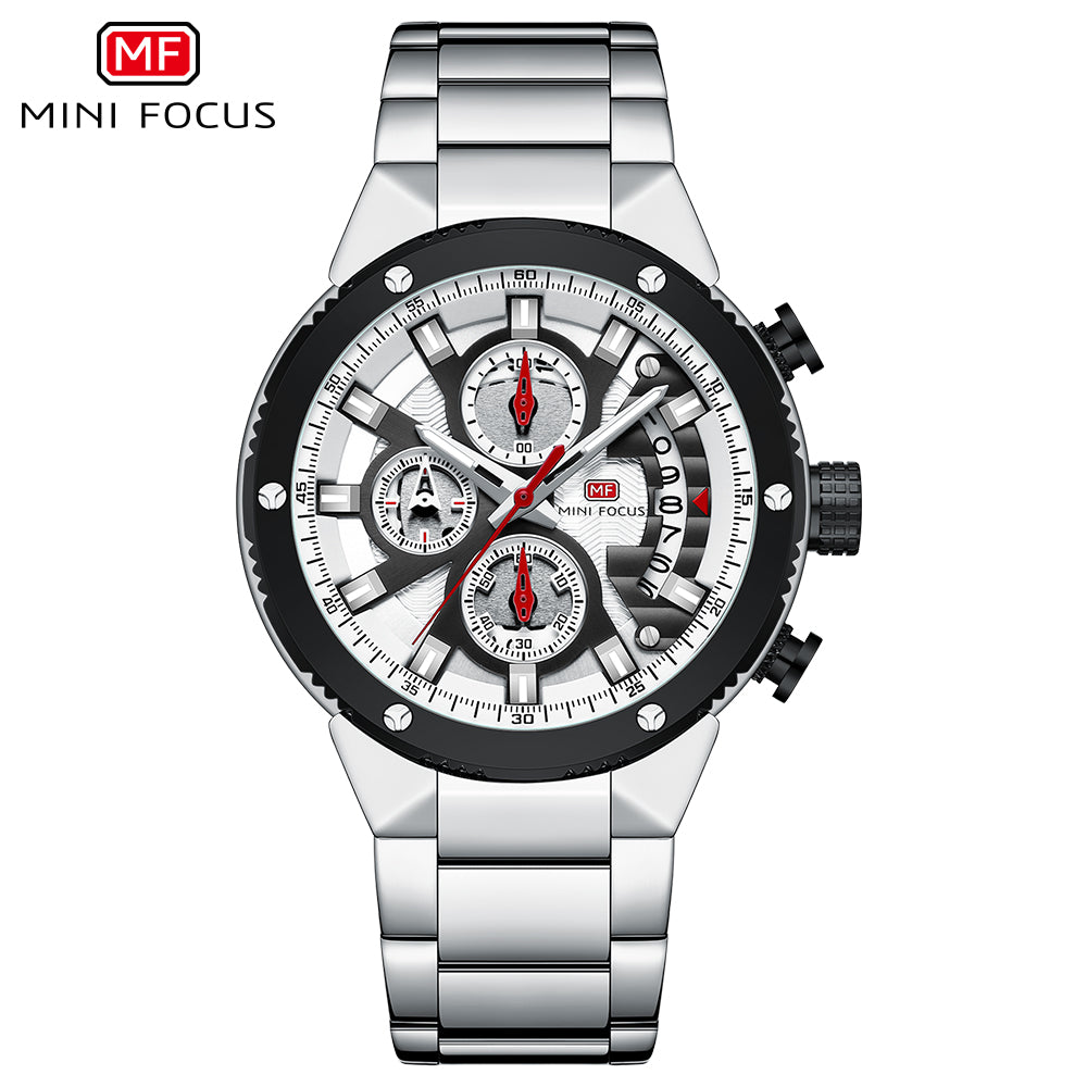 Mini Focus MF0397G.01 Exquisite Skeleton Chronograph – Silver Open-Heart Dial with Scarlet Accents & Steel Majesty