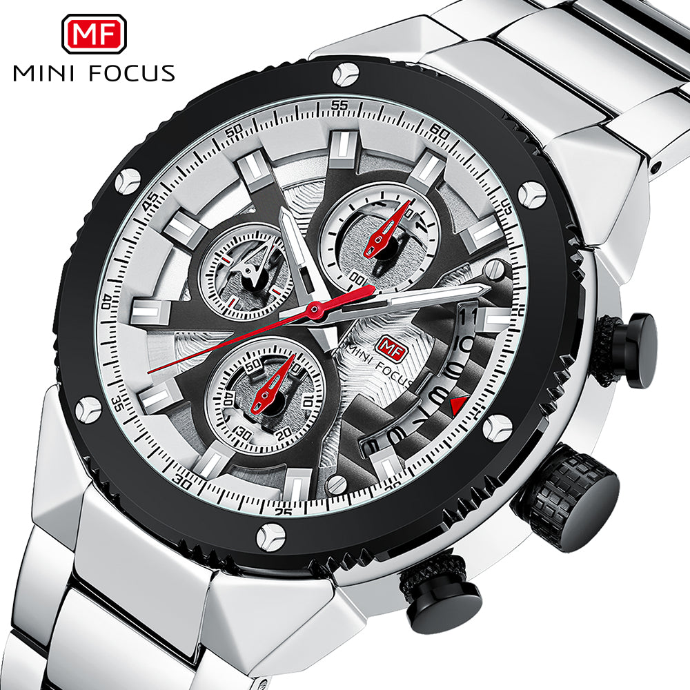 Mini Focus MF0397G.01 Exquisite Skeleton Chronograph – Silver Open-Heart Dial with Scarlet Accents & Steel Majesty