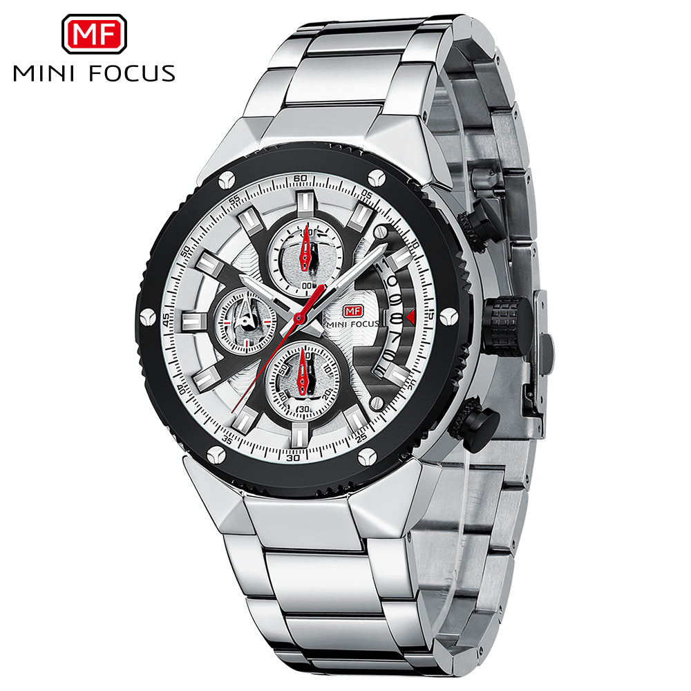 Mini Focus MF0397G.01 Exquisite Skeleton Chronograph – Silver Open-Heart Dial with Scarlet Accents & Steel Majesty