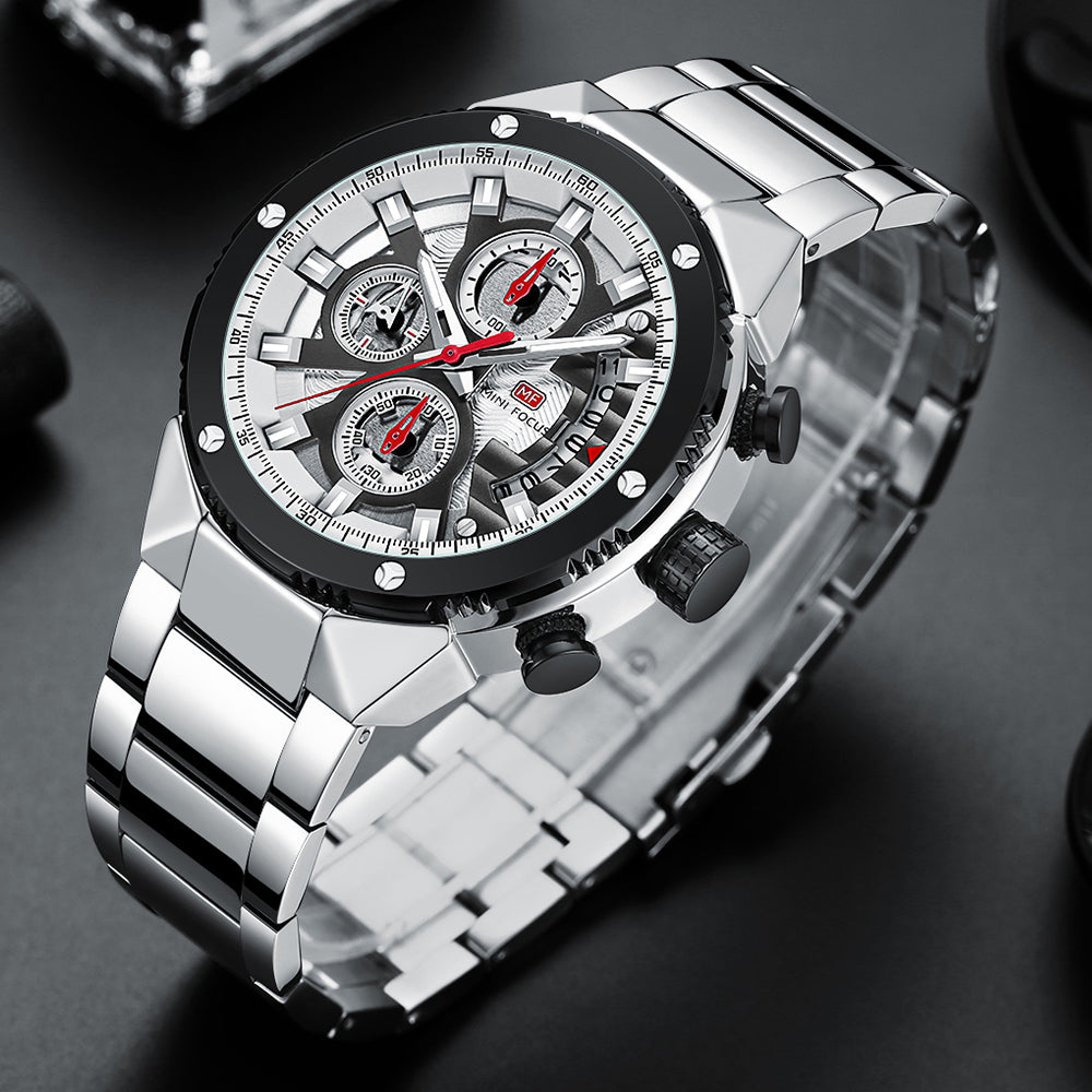 Mini Focus MF0397G.01 Exquisite Skeleton Chronograph – Silver Open-Heart Dial with Scarlet Accents & Steel Majesty